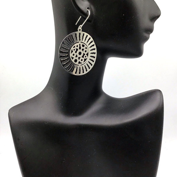 Sterling Silver Sunburst Cutout Dangle Earrings Hook 5.6g Statement Boho - Picture 2 of 13